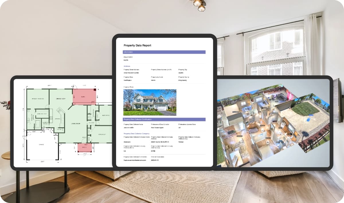 Desktop appraisal with 3D-verified evidence, floor plan, and property data report on multiple devices