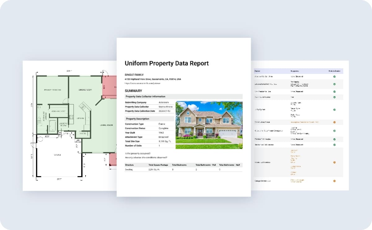 Uniform Property Data Report package with floor plan, property data report, and 3D model